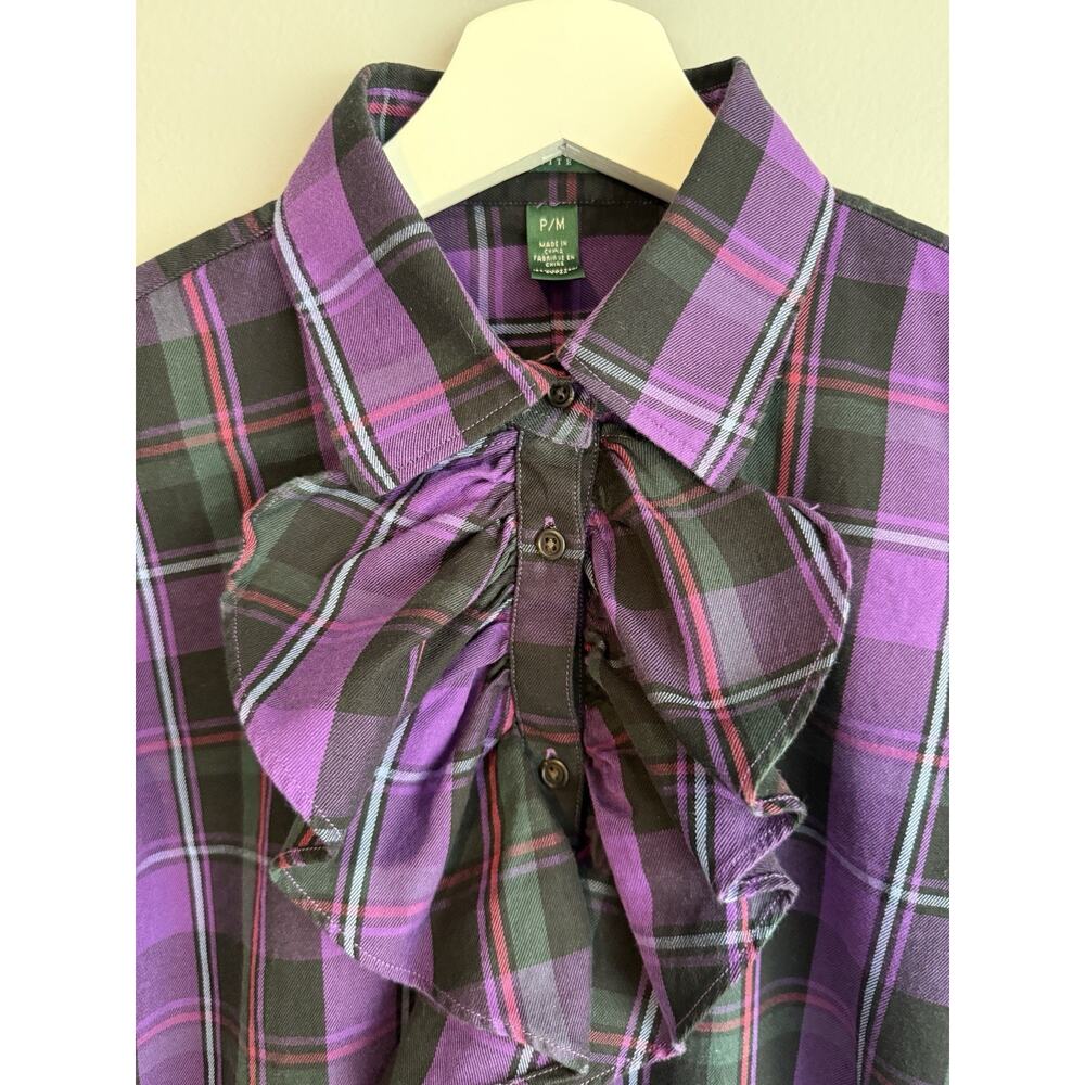 Lauren Ralph Lauren Petite Top PM Purple Plaid Ruffle Button Up Dark Academia - Picture 3 of 7
